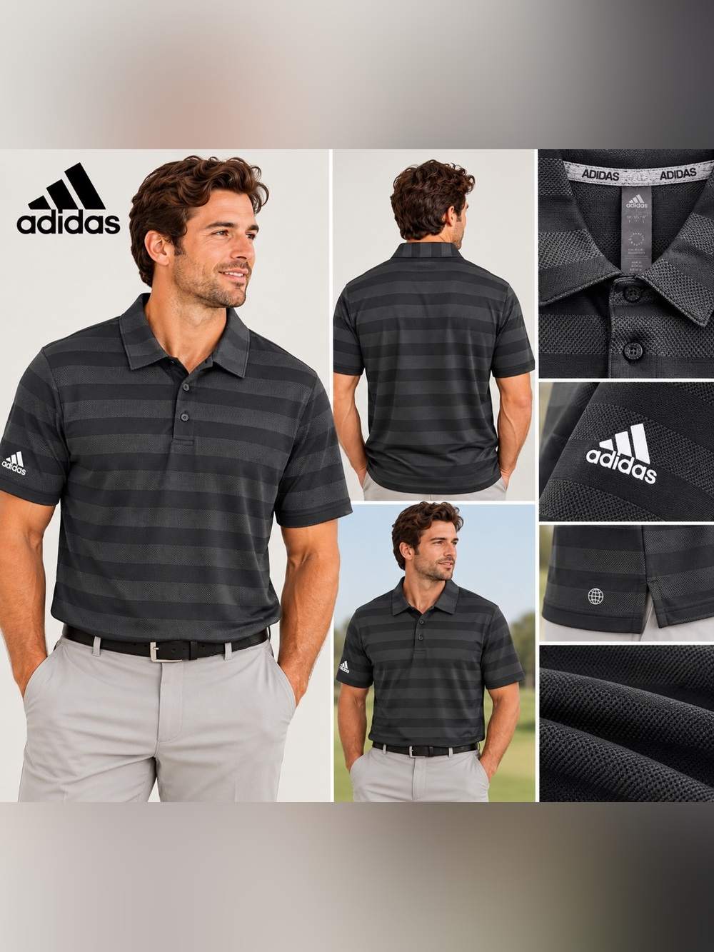 Adidas Men’s Polo Shirt L Black Gray Striped Performance Golf Athletic